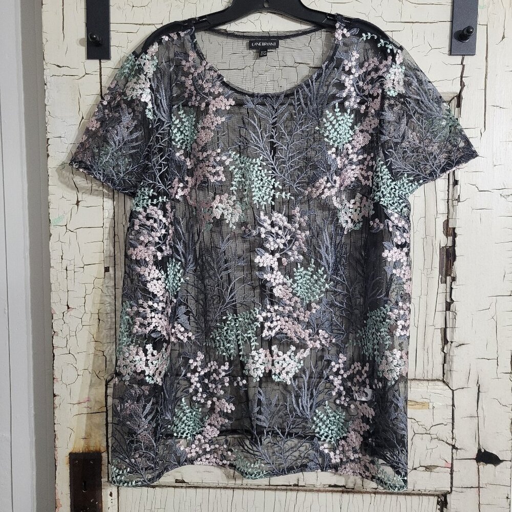 Lane Bryant Sheer Mesh Black Short Sleeve Top Blouse Floral Embroidery 22/24 3X